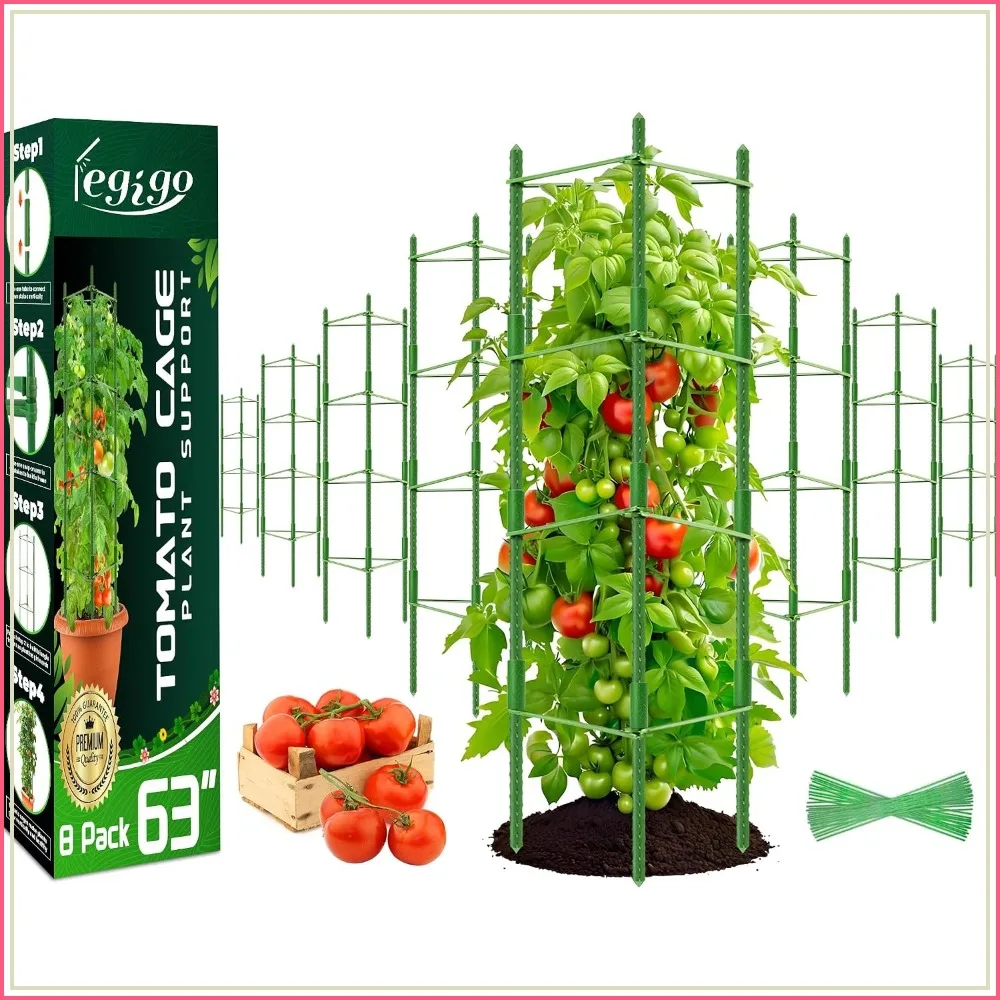8-Pack 63in Tomato Cages: Sturdy Plant Support for Garden, Pots, Climbing Vegetables & Flowers
