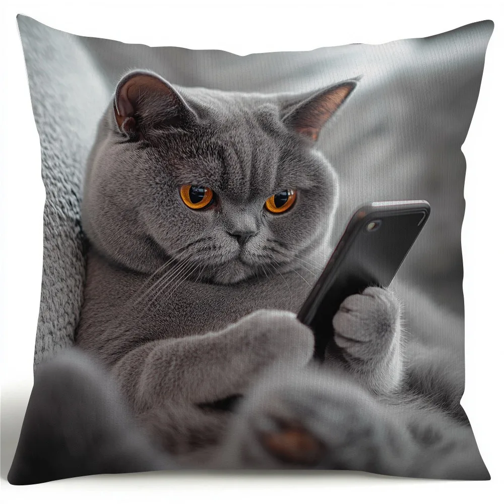 Pillow Case Shorthaired Silvery Grey Cat On Armchair With Phone Throw Pillow Covers Fashion Pillowcase 45x45cm Home Decor