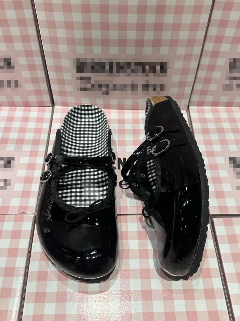 Mules de charol para mujer con lazo decorativo y hebilla, zapatos planos sin cordones, forro a cuadros, calzado casual d