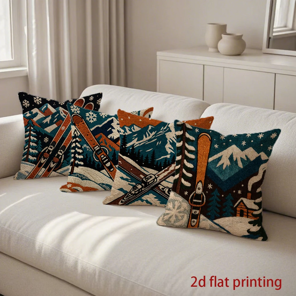 Vintage Ski Snow Mountain Pillow Covers Pattern Cushion Cover Suitable for Sofa Bedroom Car Pillow Cover