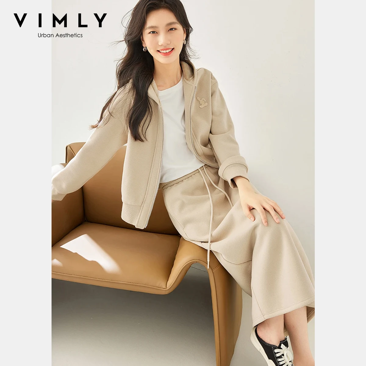 

Vimly Two-Piece Set for Woman 2025 Autumn Brushed Fleece Hooded Zipper Front Coat Drawstring A-Line Skirt Casual Outfits M9978
