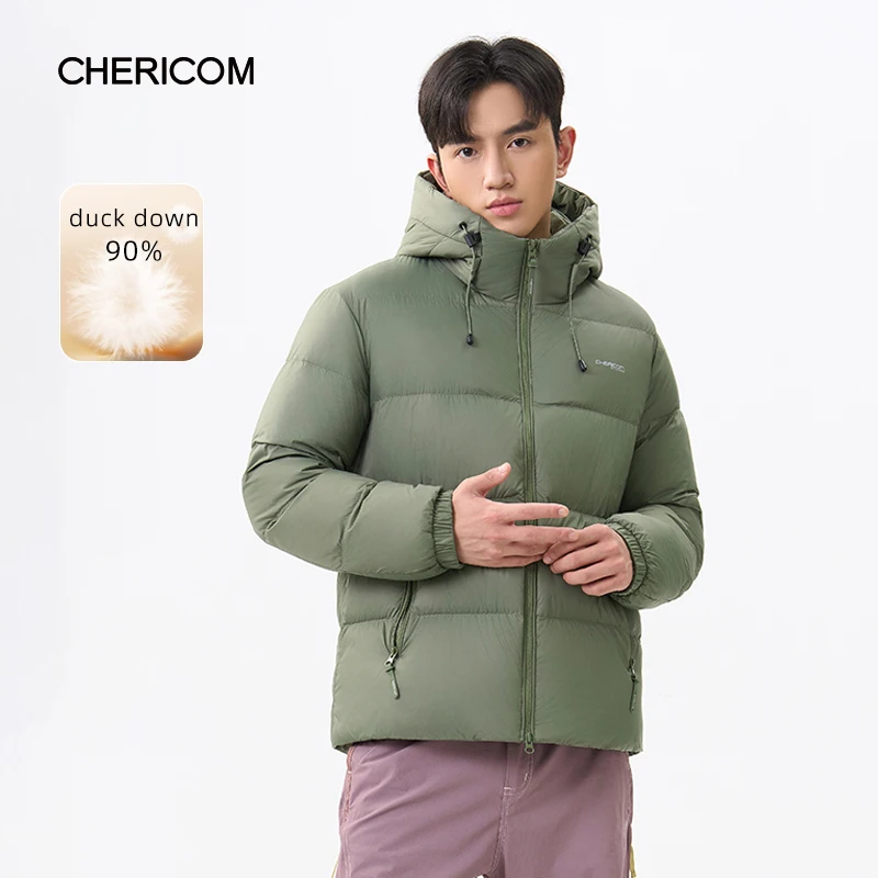 

Chericom Мужская легкая пуховая куртка с капюшоном, зимнее пальто-пуховик с воротником-стойкой, ветрозащитная, с наполнителем из утиных перьев, сплошной цвет Y309515Y