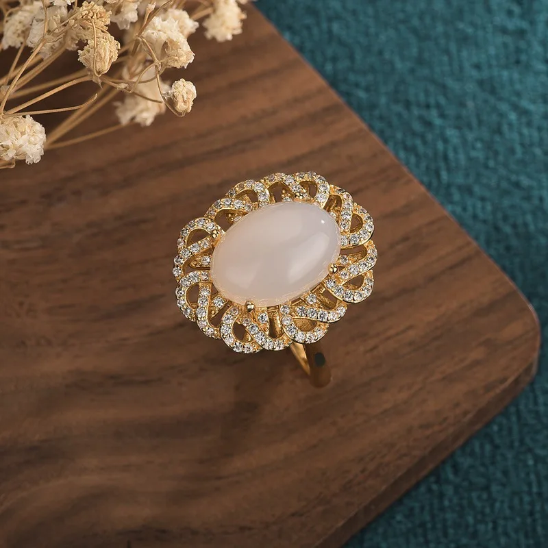 

Luxury China Style Vintage Women Ring Copper Gold Plated Twist Flower Full Zircon White Jade Beads Open Adjustable Wedding Rings