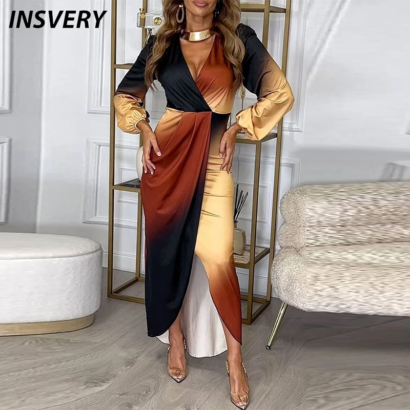 Elegancka długa sukienka damska Boho V Neck Long Sleeve Party Dress Women Autumn Split Up Patchwork Color Dresses Robe