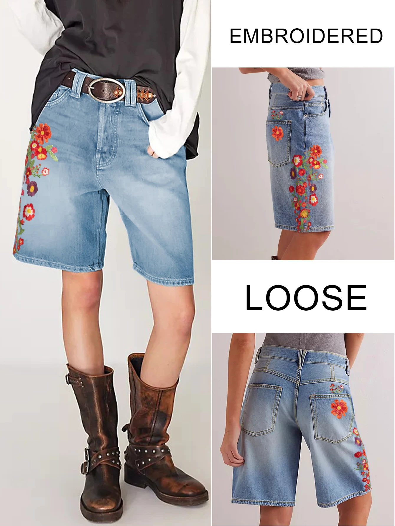 

Women's floral embroidered denim shorts Washed process Versatile denim shorts Women's straight loose blue denim shorts