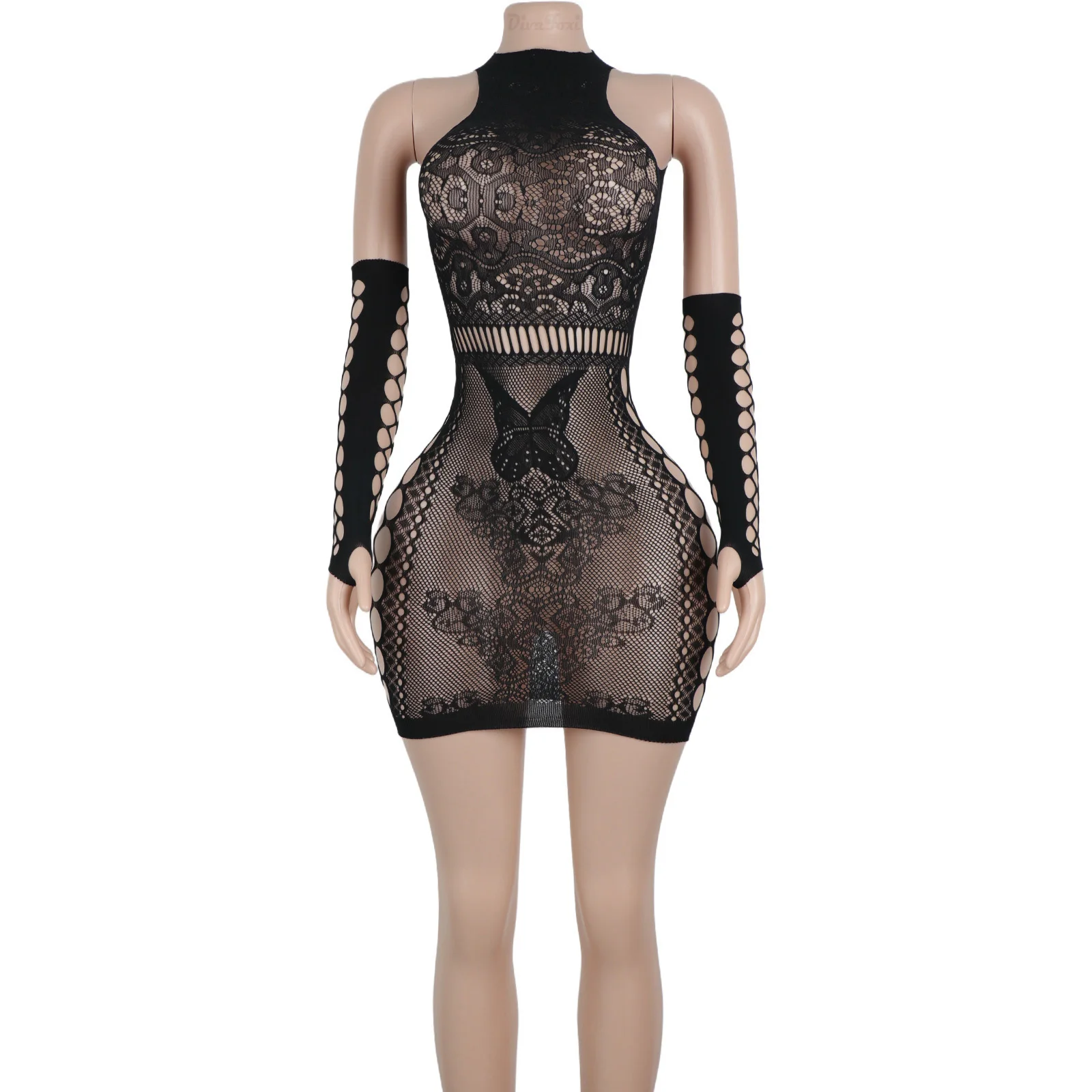 Exotic Dancewear Twerk Sleeves Skirt Backless Women Sheer Net Cutout Mesh Flower Butterfly See Through Dress Stripper Outfits