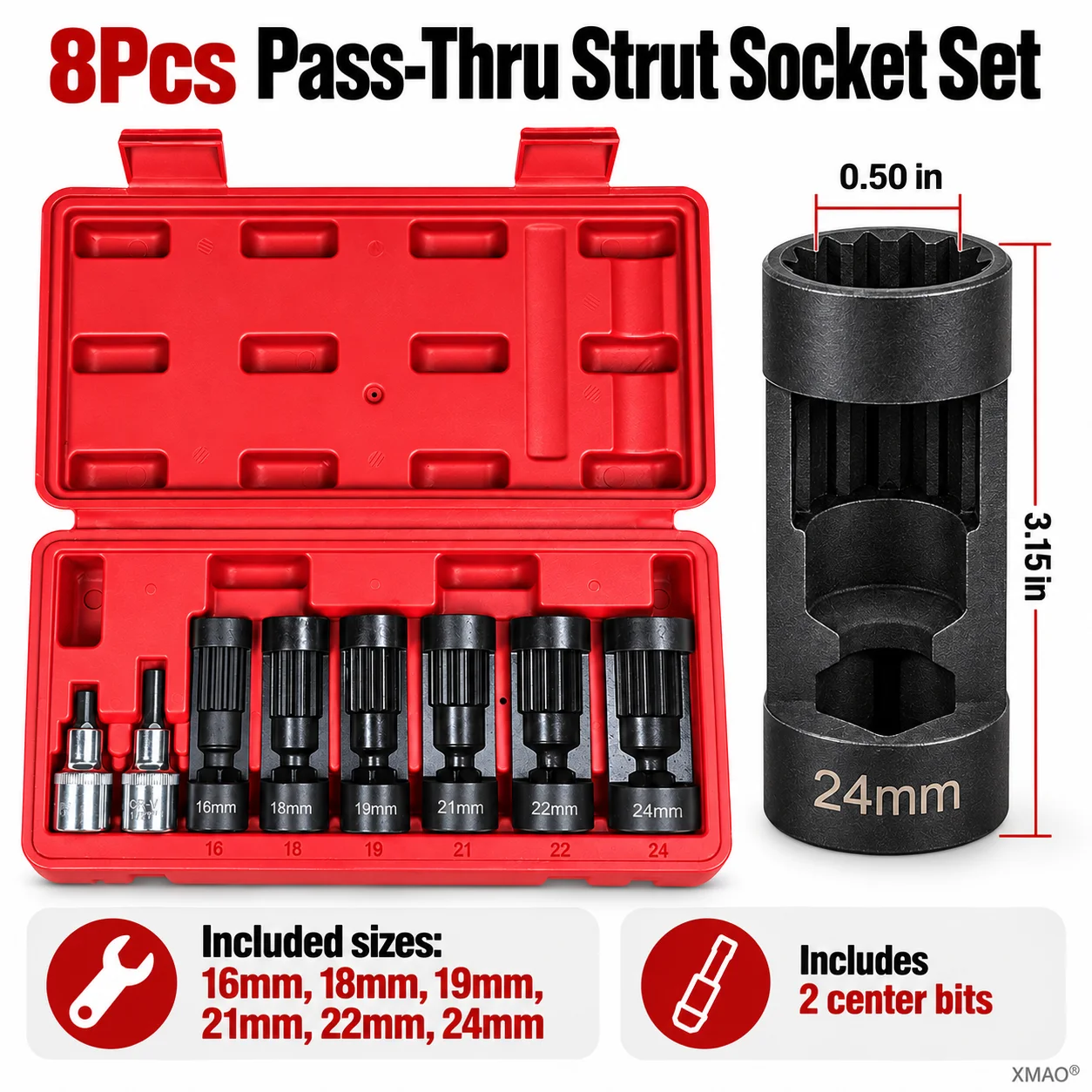 8Pcs Pass-Thru Strut Socket Set 16-24mm 1/2in Drive Shock Absorber Mount Nut Removal Tool for Porsche Macan Suspension Repair