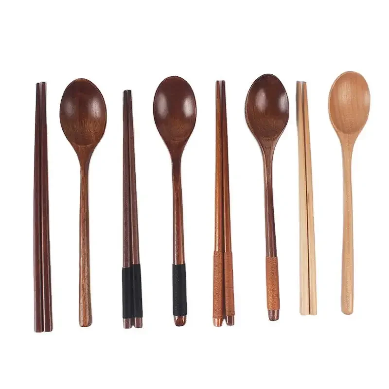 2pcs Natural Wood Spoon Chopsticks And Fork Dinner Set Rice Soup Tableware Grain Handmade Household Tableware Tableware