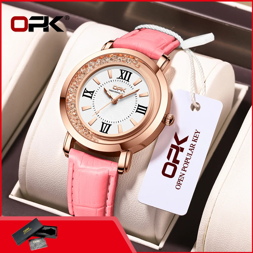 

OPK 8611 Fashion Quartz Watch for Lady Diamond Bezel Leather Strap Waterproof Luminous Original Women's Dress Wristwatch