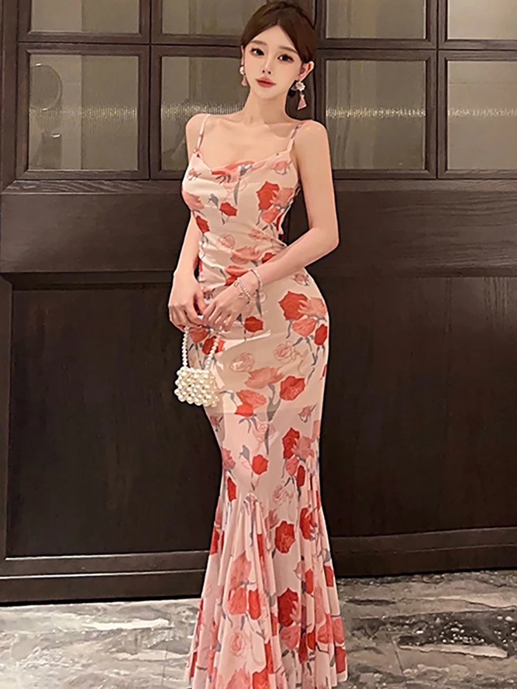 Women Boho Floral Mesh Chic Ruffled Mermaid Dress Summer Elegant Bodycon Sling Sexy Dress 2025 Korean Fashion Luxury Party Dress