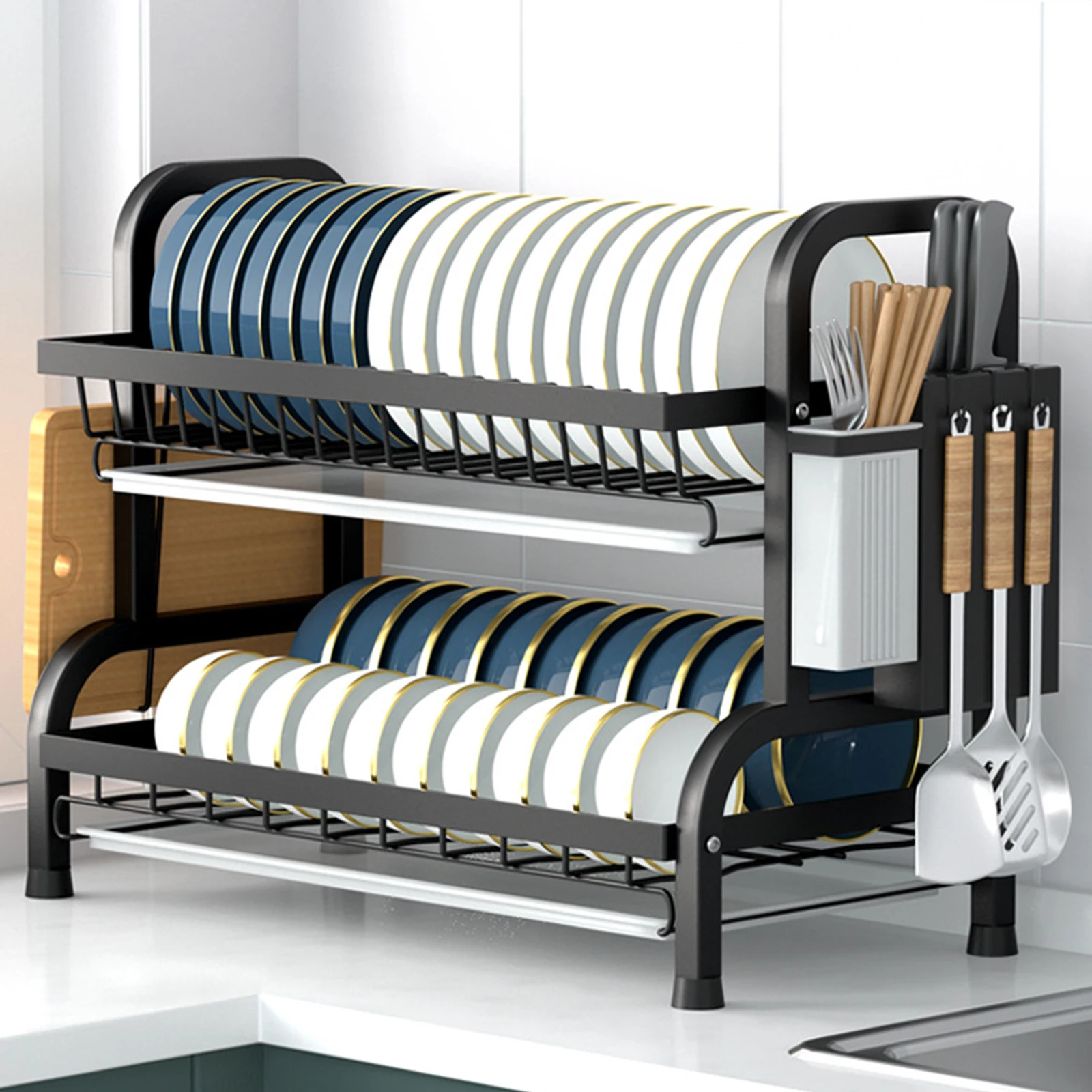 2 Tier Dish Drying Rack, Anti Rust Dish Drainer Rack with Drip Tray - Black Dish Rack Kitchen with Removable Cutlery Holder