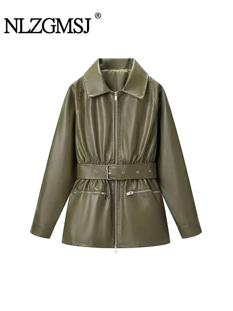 

NLZGMSJ Women Faux PU Leather Jacket 2026 Spring Autumn Belt Long Sleeves Pockets Zipper Coat Female Jacket