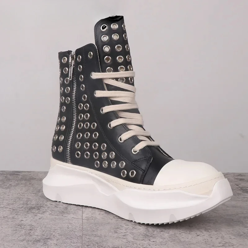 Rick Vintage Men Shoes High-TOP Platform Boots Heightening Real Leather Rivets Sneaker Luxury Trainers Casual Zip Black Shoes