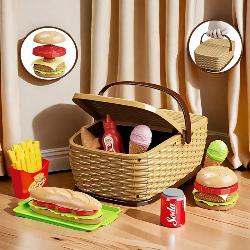 Kinder-Lernhaus, Picknick im Freien, Obstkorb, Hamburger-Pizza-Set, Spielzeug, Geschenk, Küche, Männer und Frauen