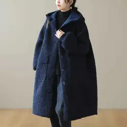 Oversized Loose Long Sleeve Hooded Warm Coat For Winter Lamb Wool Jacket Medium Length Versatile Women Casual Overcoat T1689