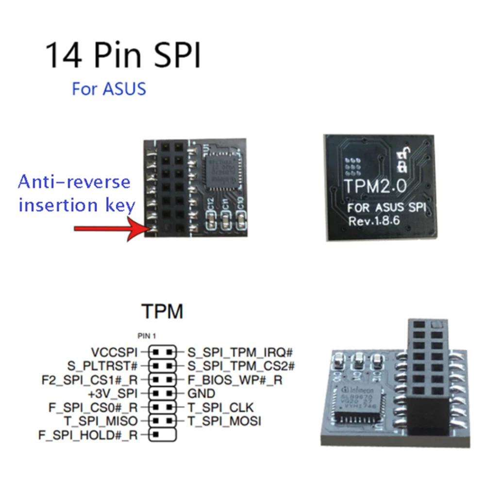 Placa de módulo de segurança de criptografia TPM 2.0 14 pinos SPI portátil TPM 2.0 placa de segurança de criptografia de cartão remoto para placa-mãe ASUS