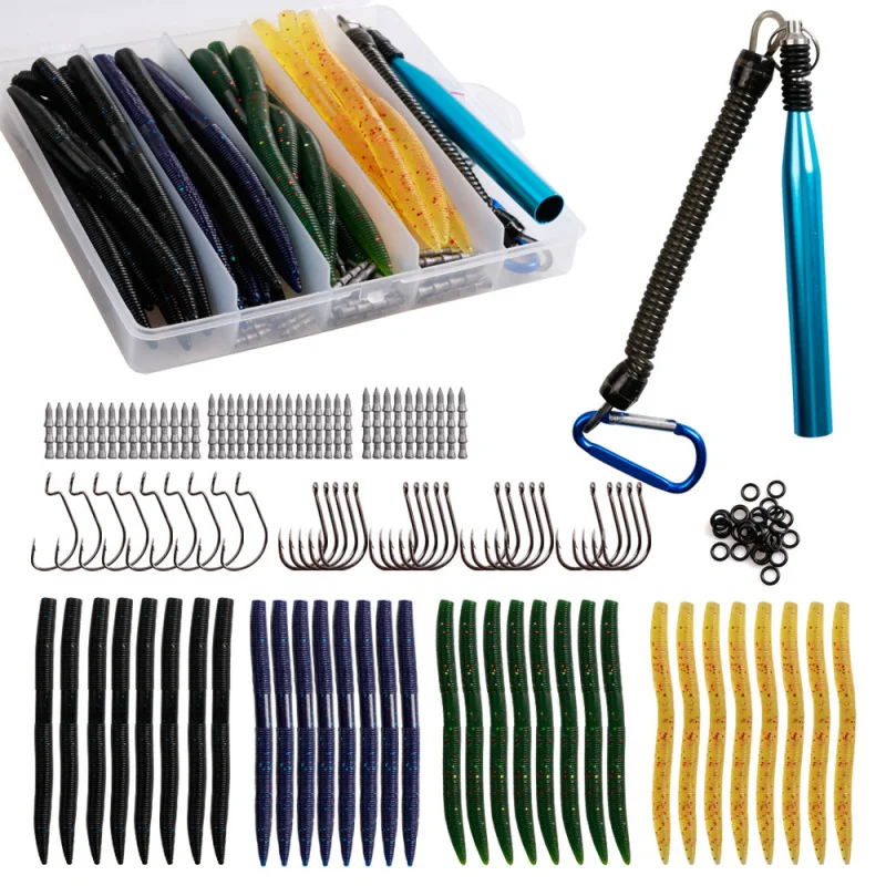 133Luya Bionic Earthworm Bait Soft with Safety Rope Stick Lead Insert Ring Set for Fishing
