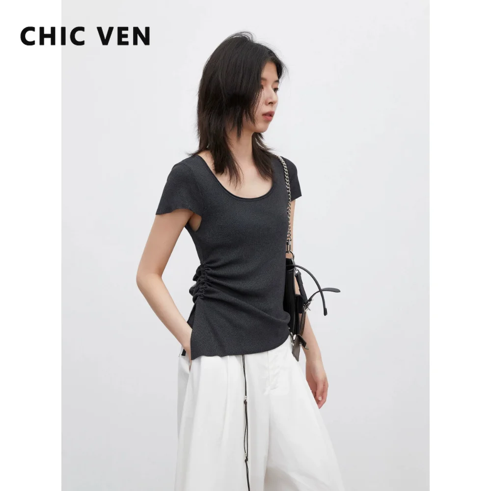 CHIC VEN Neue Damen T-Shirts Lässiger Viereckiger Ausschnitt Kordelzug an der Taille Kurzärmelige T-Shirts Schlanke Damen-Oberteile Pullover Sommer 2026