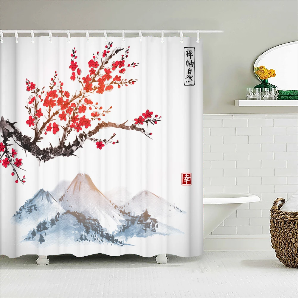 Waterproof Polyester Fabric Shower Curtain Japanese-style Waves Samurai landscape 3d Printing Bathroom Decor Shower Curtains