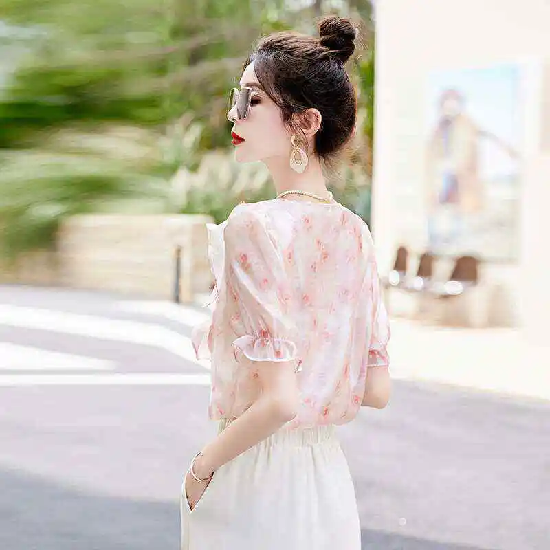 

Ele V-ne Floral Lace irt Women's Summer New Sweet Sle Bell Sve Cotton Blend ort Sve Stand Collar Dr