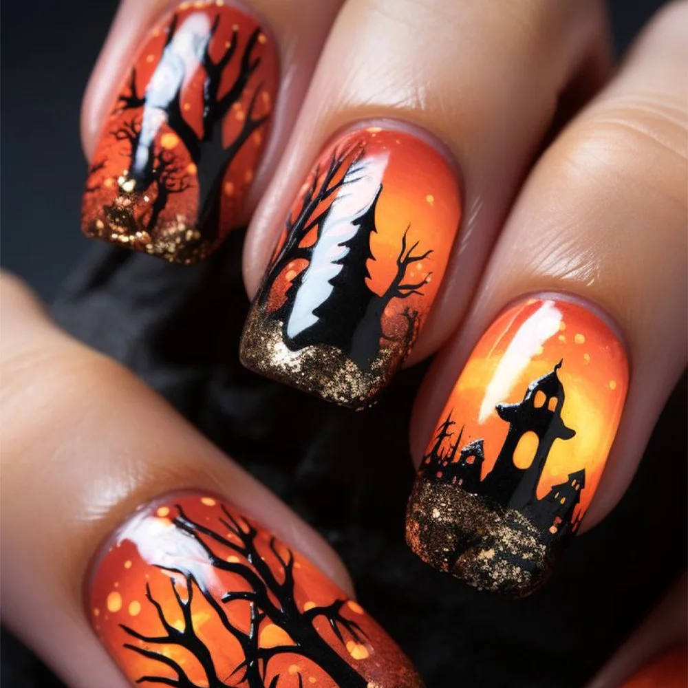 24 stks/set Middellange nepnagels voor Halloween party zwarte kat maan pompoen dode boom amandel vierkante tips druk op valse nail art