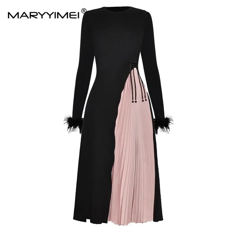 

MARYYIMEI Fashion Autumn Winter Women's dress Lantern Sleeves Feather Elastic knitting Patchwork Pleated Sweater Dresses