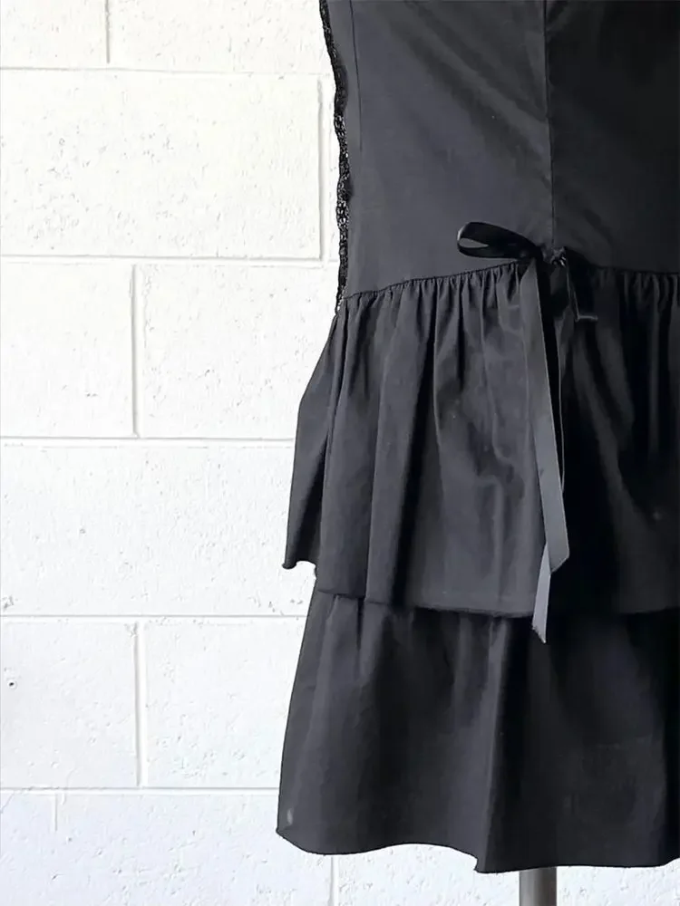 Y2k vintage camisa de renda preta vestido para mulheres cintura fina vestidos all-match 2025 verão nova manga curta vestidos de mujer