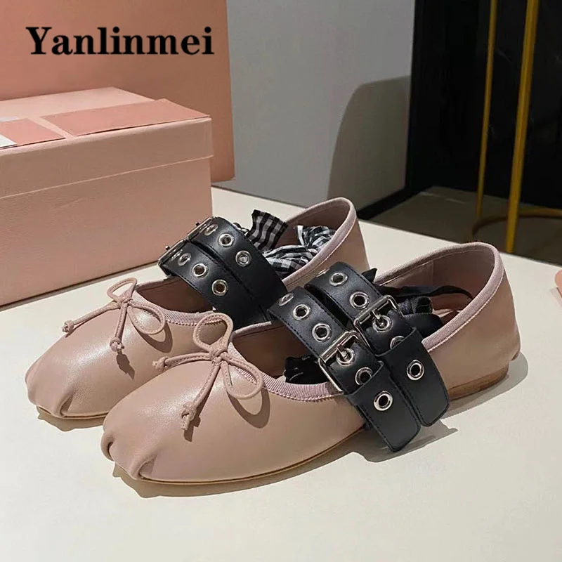 New Runway Ballet Shoes Women Round Toe Buckle Strap Loafers Female Genuine Leather Ankle Cross Lace Up Comfort Flat Shoes Woman