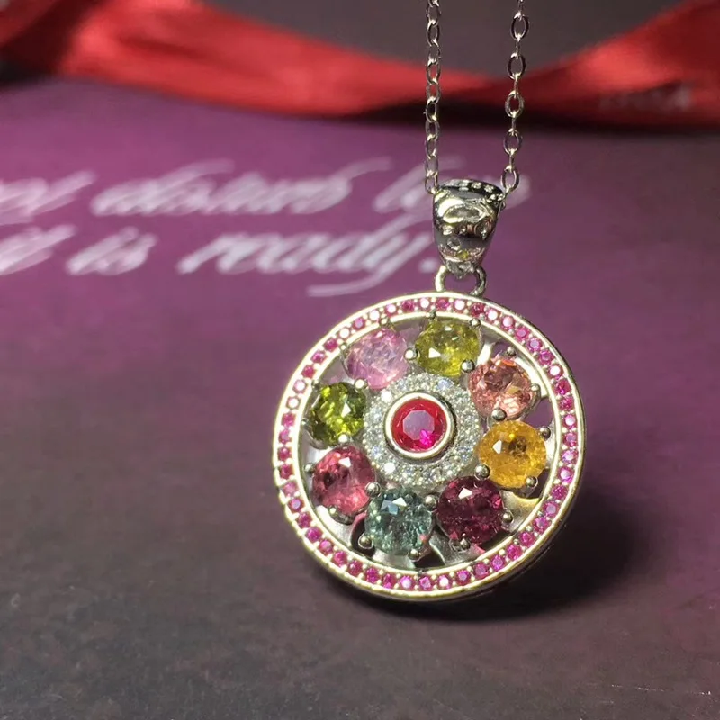 3 Colors Tourmaline Spinning Necklace 925 Sterling Silver Natural Colorful Tourmaline Gemstone Flower Jewelry Set Necklace