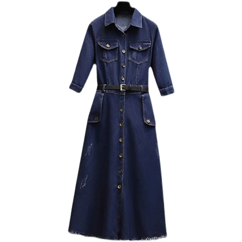 Women Plus Size S-4XL New 2022 Denim Dark Blue Dress Half Sleeve Turn Down Collar Tassel Dress Spring Outwear Street Clothes