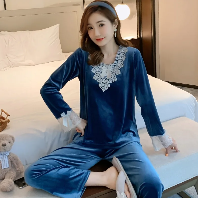 

Pajama Sets Women Pleuche Sleepwear Loose M-5XL Long Sleeve Full Length V-neck Autumn Winter Vintage Patchwork Gentle Home Pjs