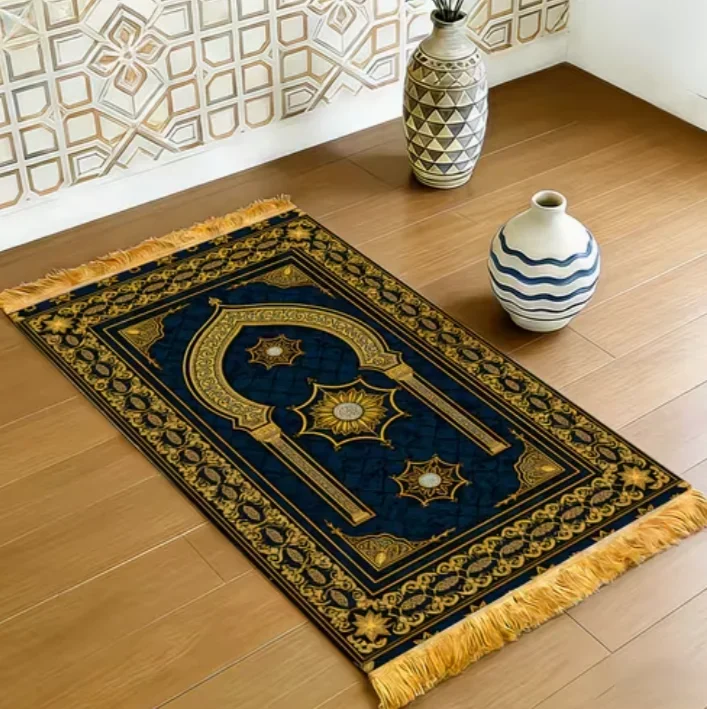 One Portable Prayer Mat Featuring A Detailed Design in Blue and Golden, Ideal for Travel and Lightweight Use Rugs
