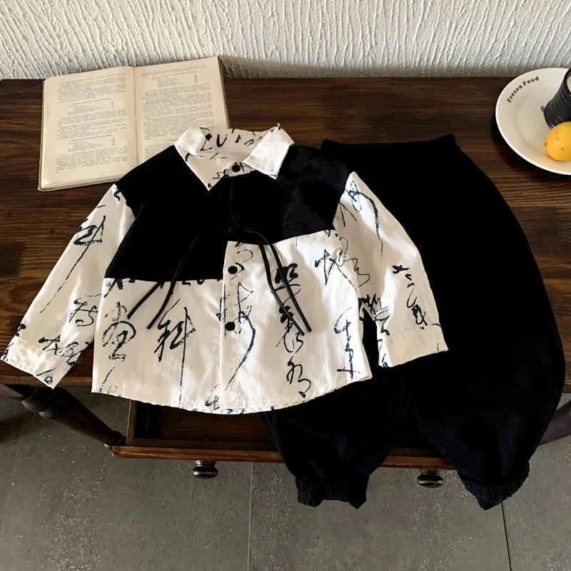 

Boys Traditional Chinese Style Set 2025 Spring Autumn Tang-Style Patchwork Long-Sleeve Shirts Loose Pant Two Piece Set
