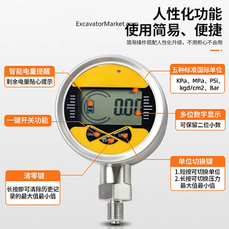 For Excavator Hydraulic Oil Pressure Gauge Testing Pressure Detector Precision Pilot Digital Gauge Hydraulic Pr High Quality