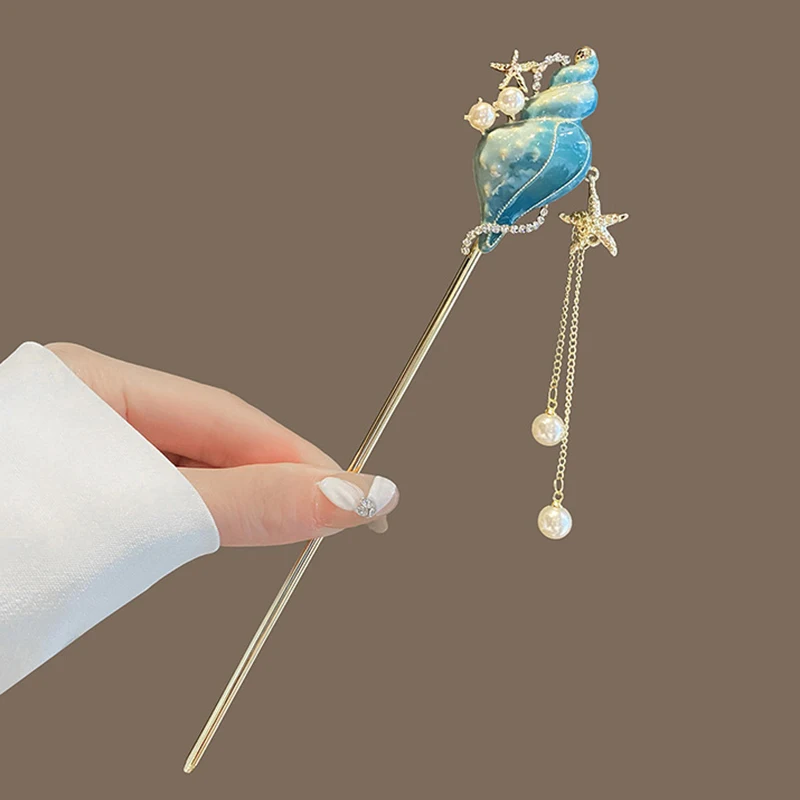 

2025 New Chinese Beach Style Hair Clip Pearl Tassel Hair Stick Conch Starfish Shell Elegent Women Jewelry Hairneedle Accessories