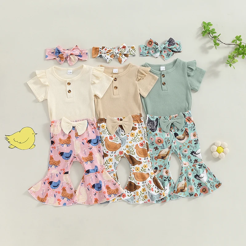 Baby Girl Romper Outfit Ribbed Ruffled Short Sleeve Jumpsuit with Floral&Chick Flare Pants Headband 3Pcs Clothes Set