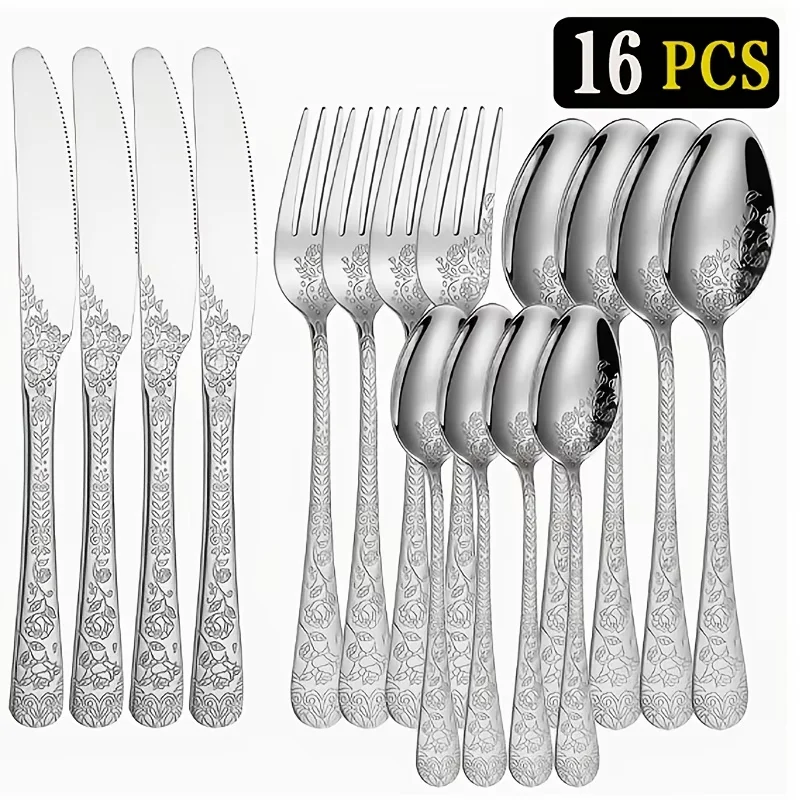 Juego de cubiertos de acero inoxidable de 16 piezas con mangos en relieve, que incluye cuchillo para carne, cuchara para sopa, tenedor y cuchara para postre. Elega