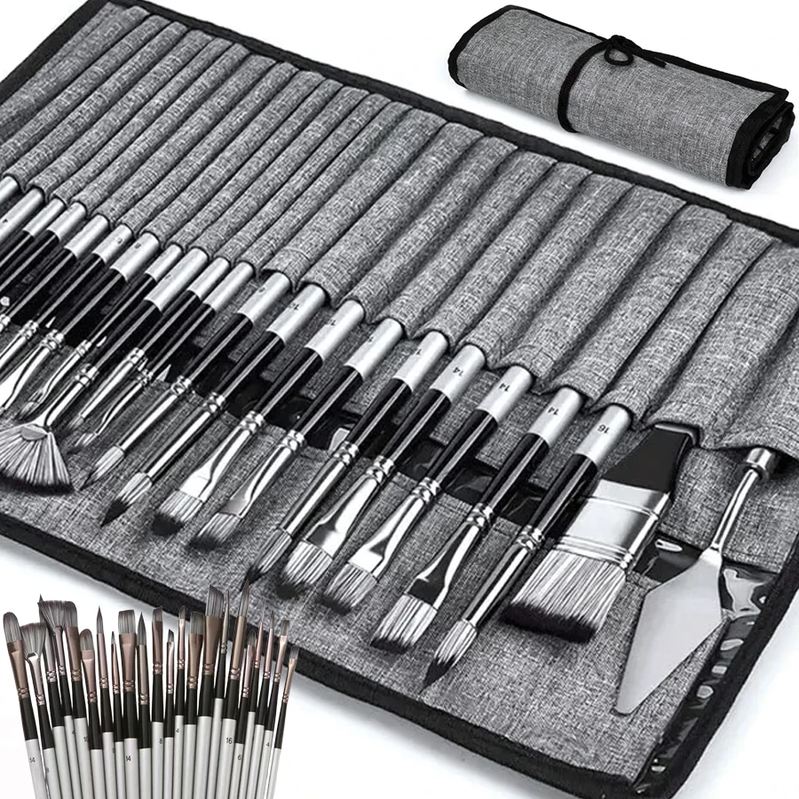24pcs Professional Nylon Art Brush Set with Storage Bag Multi-Purpose Brushes for Acrylic Watercolor Oil Painting Art Supplies