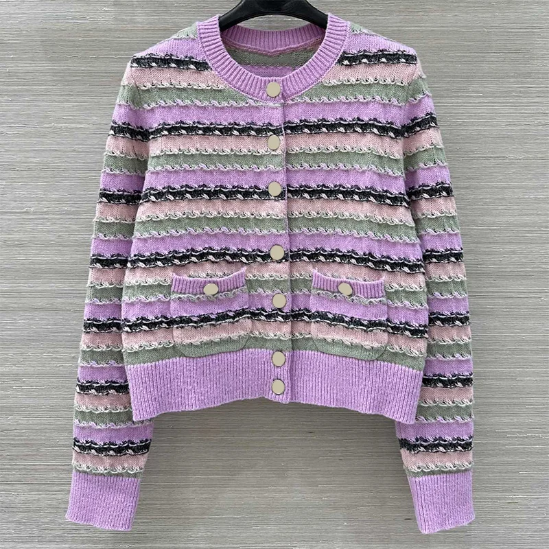 

High-quality women's color-matched wavy stripe cardigan sweater made of wool, with fashionable single-button closure 25930126