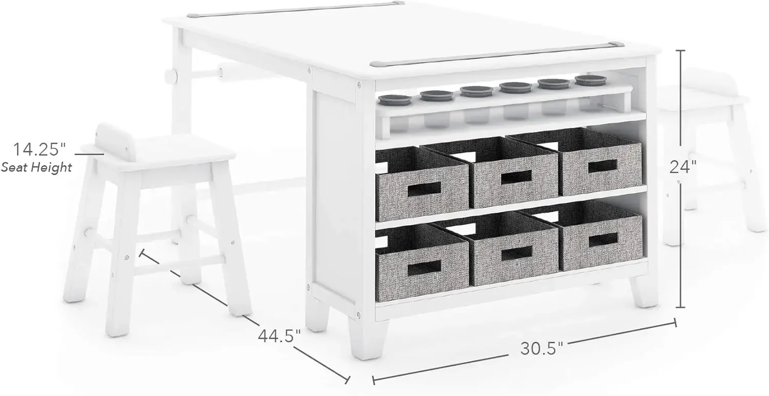 キッズアートテーブルとスツールセット、クリーミーホワイト、アート & クラフト用木製プレイテーブル、ペイント付きクラフトデスク