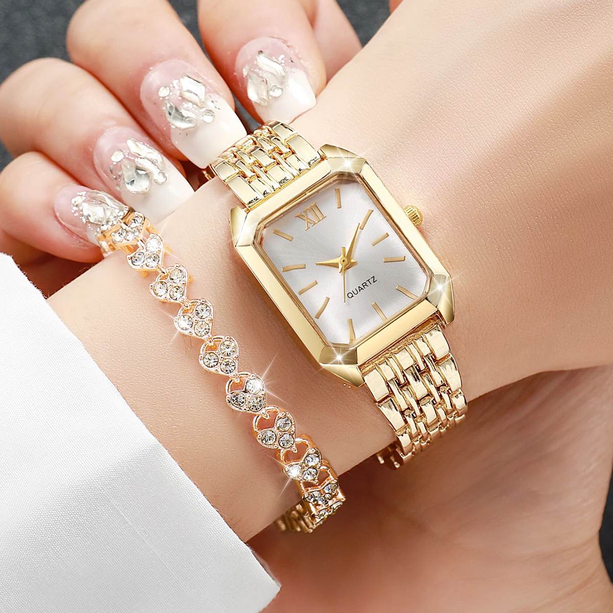 2PCS Fashion Square Dial Women Wristwatch Set Elegant Ladies Quartz Watch With Heart Bracelet Reloj Mujer (Without Box)