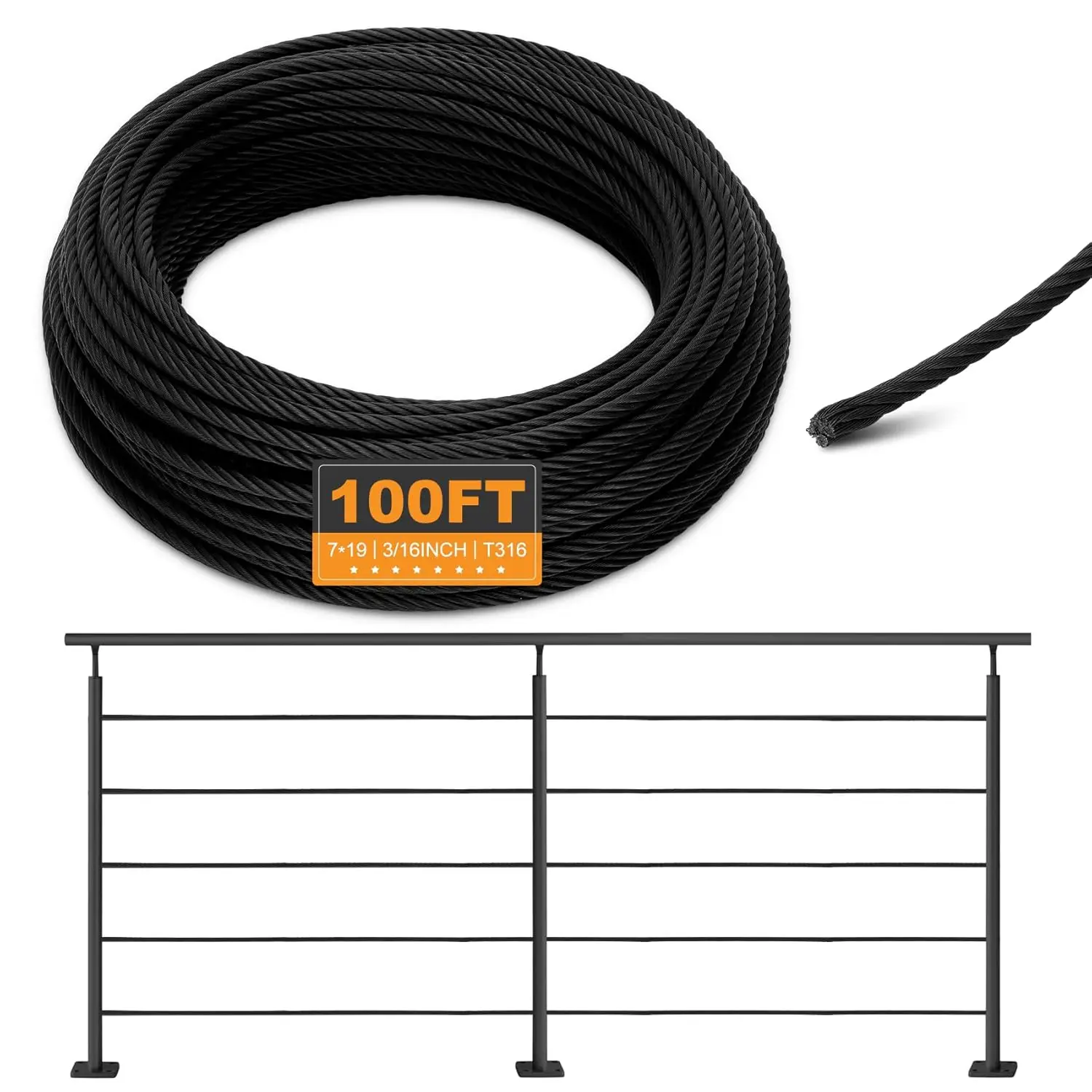 T316 Black 3/16IN Stainless Steel Cable, 100ft Wire Rope, 7X19 Strands Aircraft Cable, 3700lbs Breaking Strength