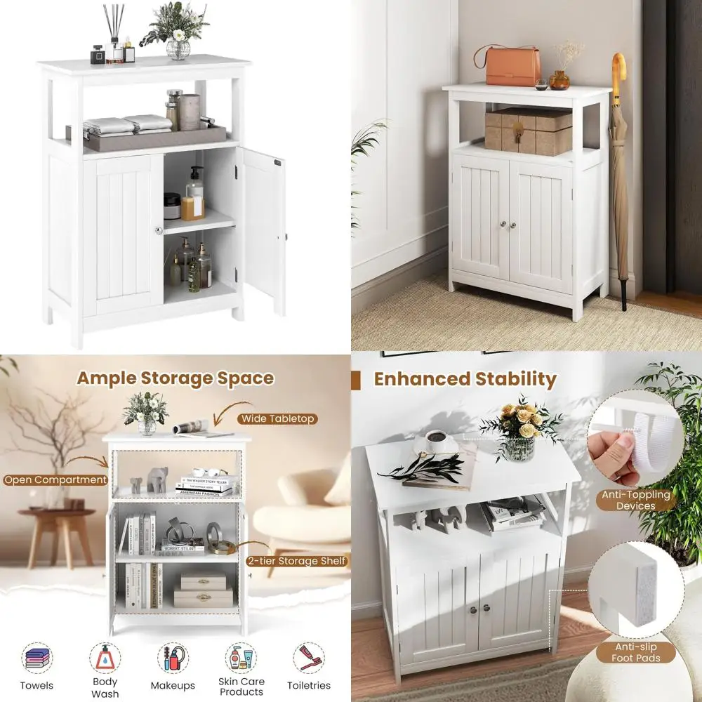 

White Freestanding 3-Tier Bathroom Storage Cabinet with 2 Doors and Open Shelf for Home Organization
