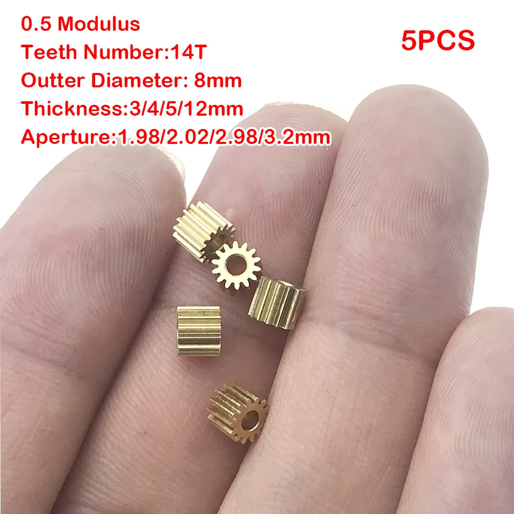 5PCS 0.5M Modulus 14Teeth 0.5M Metal Pinion Gear Brass for 1.98mm 2mm 2.98mm Shaft Size Motors Pinion For Spindle transmission