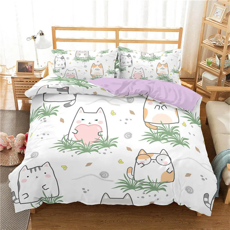 Kawaii Cat Duvet Cover Cartoon Bedding Set Microfiber Cute 3D Animals Comforter Cover Twin Full King For Kids Boy Girl Teen Room