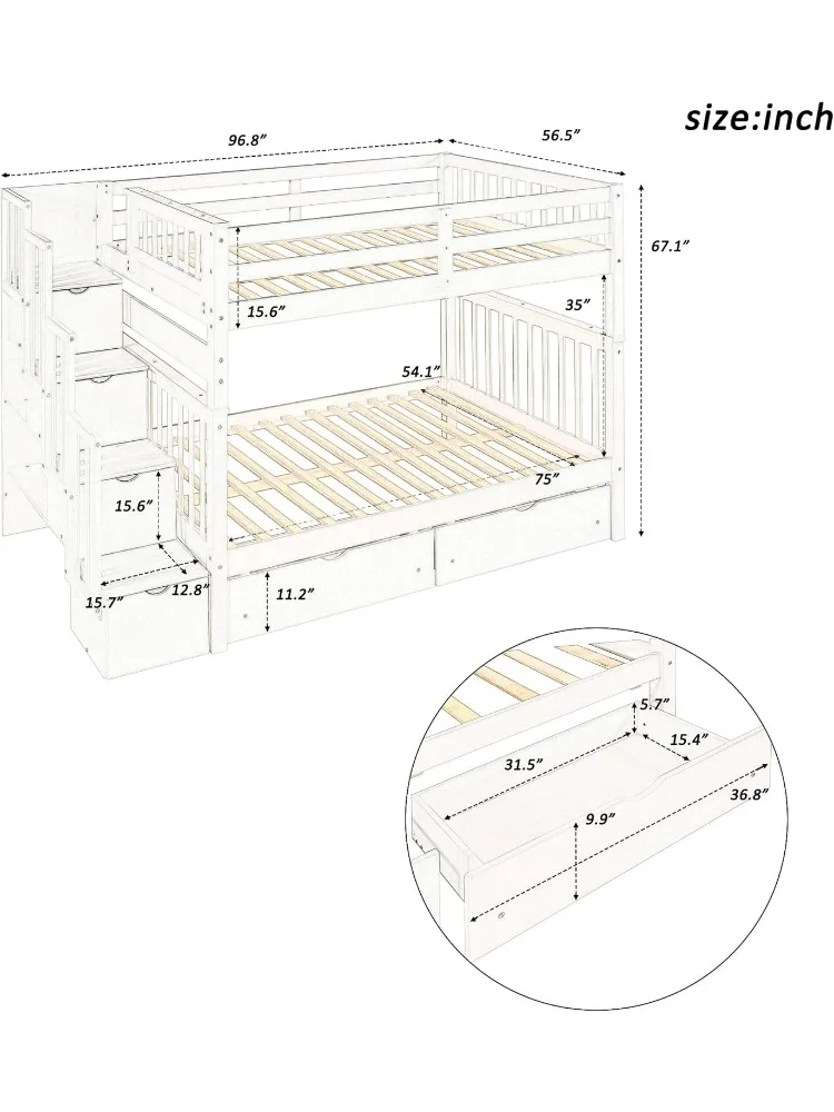 Loft Bed, Full Over Full Bunk Bed with Stairs and 6 Storage Drawers, Wooden Bunk Bed with Storage Drawers, for Kids Teens Adults