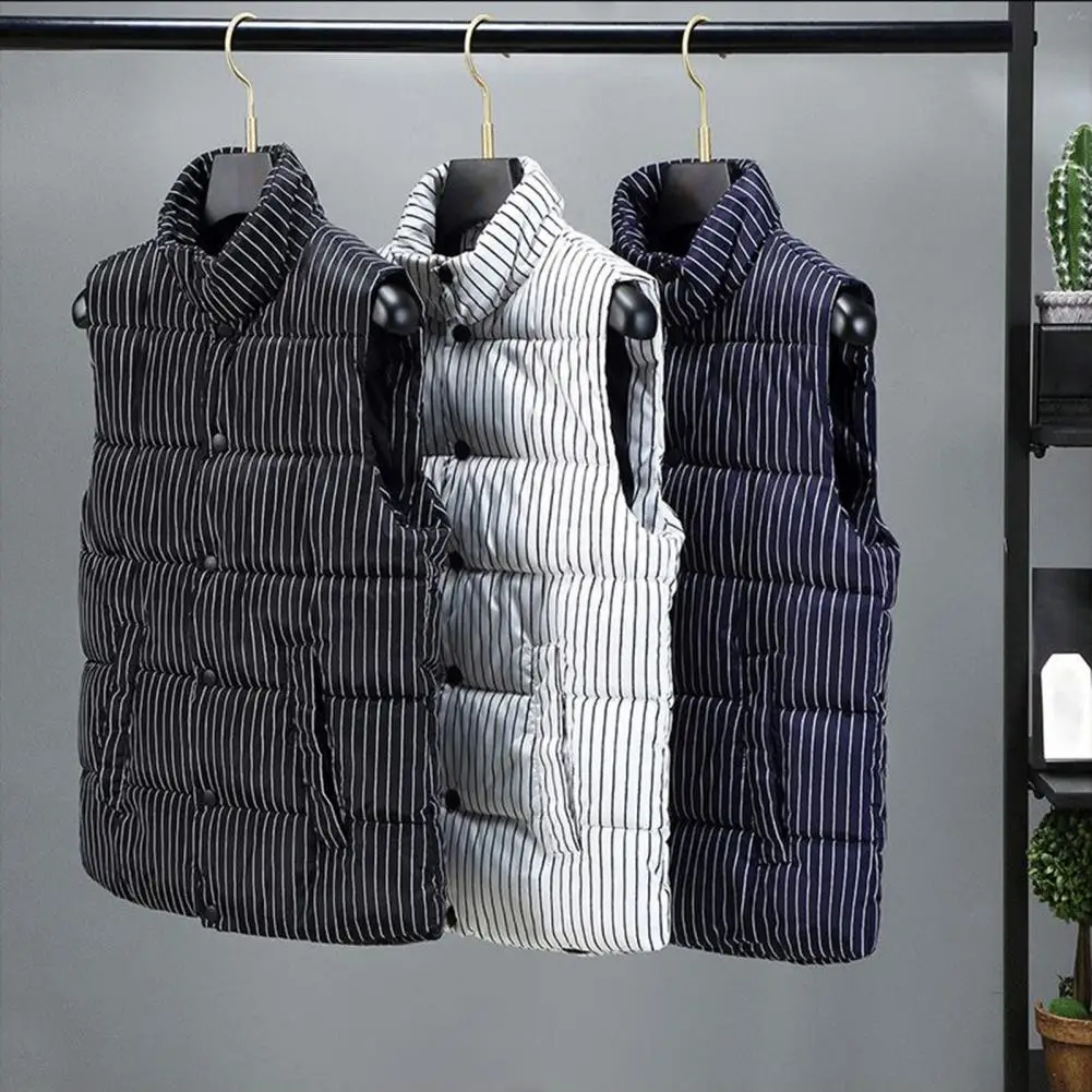 Autumn Winter Men Vest Cotton Padded Striped Windproof Korean Style Single Breasted Korean Warm Waistcoat Vest for Daily Wear