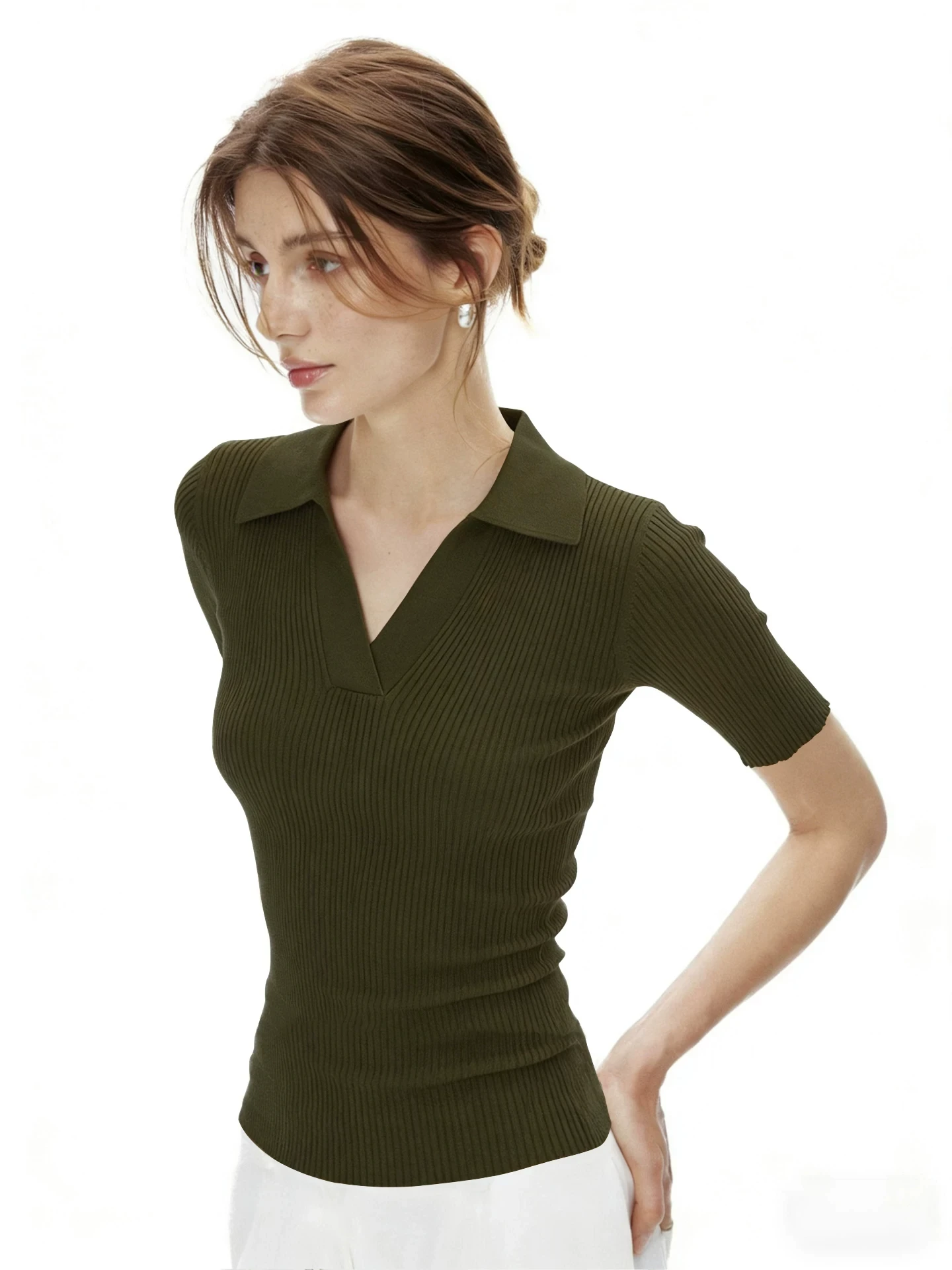 Slim Fit Short Sleeve Knitted T-Shirt Women's Summer Unique Design Turn-down Collar Breathable Light Weight Korean Style Top