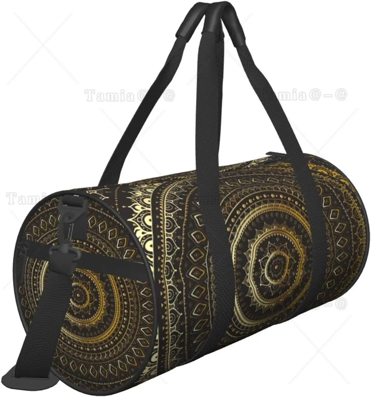 Sports Gym Bag Gold Black Mandala Ethnic Oriental Duffel Barrel Bag Backpack Lightweight Travel Cylinder Bags for Swim Training