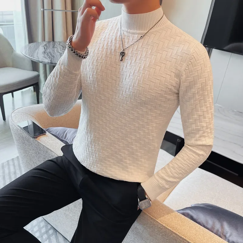 Autumn Winter Knitted Sweater for Men Fashion Half Turtleneck Sweater Long Sleeve Slim Fit Casual Business Knitwear Pullovers